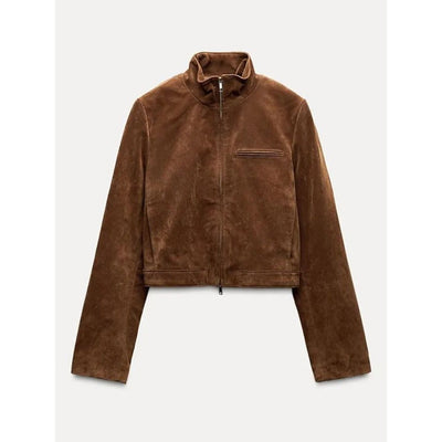 Chaqueta de Gamuza Marrón para Primavera con Cuello de Pie y Cierre - Image 15