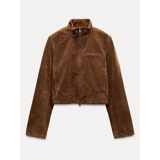 Chaqueta de Gamuza Marrón para Primavera con Cuello de Pie y Cierre - Image 15