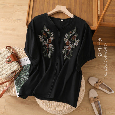 Blusa Suelta de Algodón y Lino con Escote V y Manga Corta para Mujer - Image 4