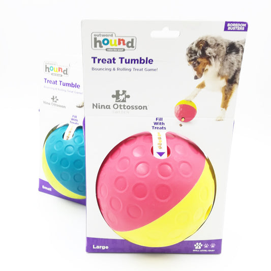 Small Outward Hound Treat Tumble dog toy in blue and yellow, a bouncing and rolling slow feeder.