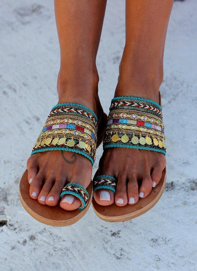 Sandalias Étnicas de Metal con Base Plana para Mujer
