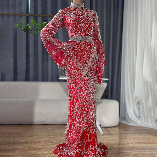 Vestido Largo de Noche Rojo con Cuello Alto y Falda Sirena