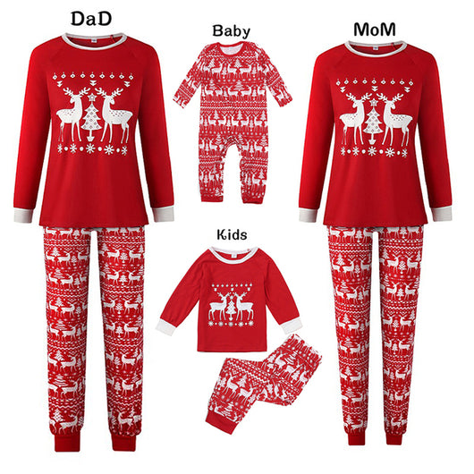Matching family Christmas pajamas in green with a festive pattern of Santa, reindeer, and Christmas trees. - Image 12