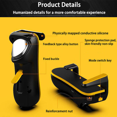 Black and yellow smartphone gamepad with a trigger button, shown from front and side views for mobile gaming. - Image 3