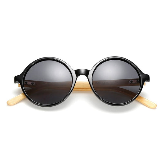 Round black frame sunglasses with gray lenses and light wood bamboo temples, shown from multiple angles. - Image 8