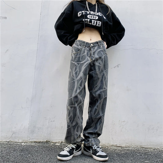 Pantalones Hip Hop Talle Alto Cintura Ancha Pierna Suelta Jeans Estampados
