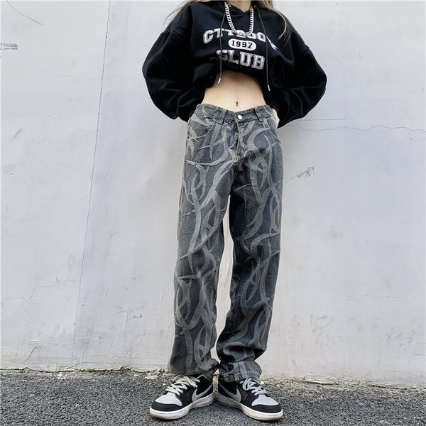 Pantalones Hip Hop Talle Alto Cintura Ancha Pierna Suelta Jeans Estampados