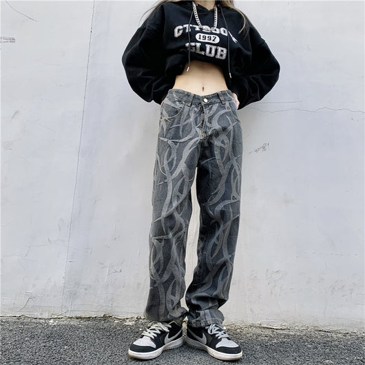 Pantalones Hip Hop Talle Alto Cintura Ancha Pierna Suelta Jeans Estampados