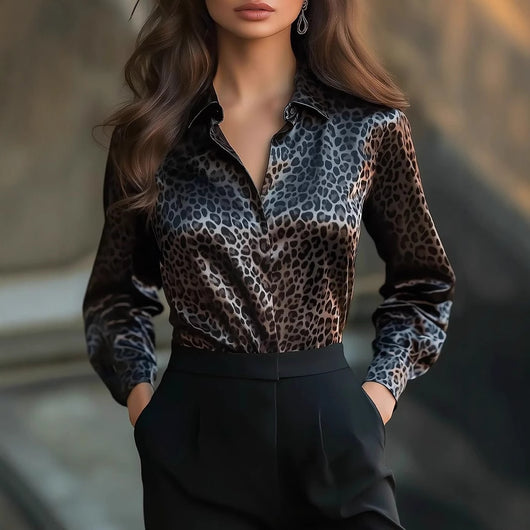 Camisa Suelta Estampado Leopardo Elástica de Satén para Primavera y Otoño - Image 16