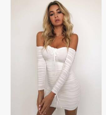 Vestido Bandage Ajustado Hombros Descubiertos Manga Larga para Fiesta