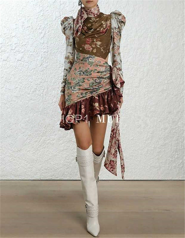 Vestido Largo Estampado con Cinturón de Contraste y Manga Larga