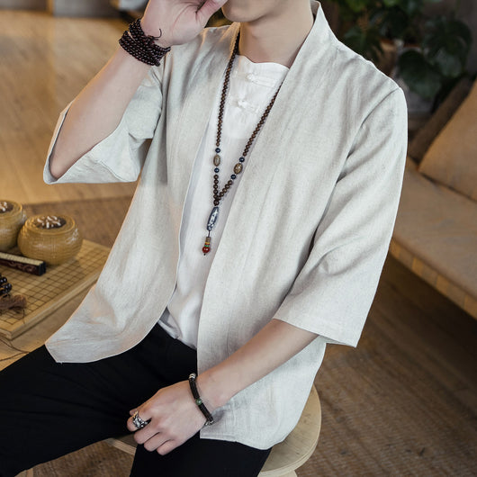 Camisa Cardigan Hanfu de Algodón y Lino - Estilo Asiático Manga 3/4 Hombre - Image 10