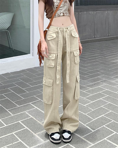 Pantalones Cargo Sueltos Vintage Americano con Múltiples Bolsillos y Detalles Desgastados - Image 24