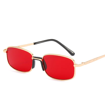 Vintage gold-colored metal frame sunglasses with light blue rectangular lenses and black temple tips. - Image 6