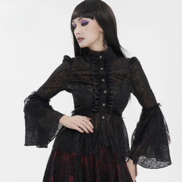 Camisa Punk Cuello Alto Ajustada con Mangas Acampanadas y Cintura Marcada