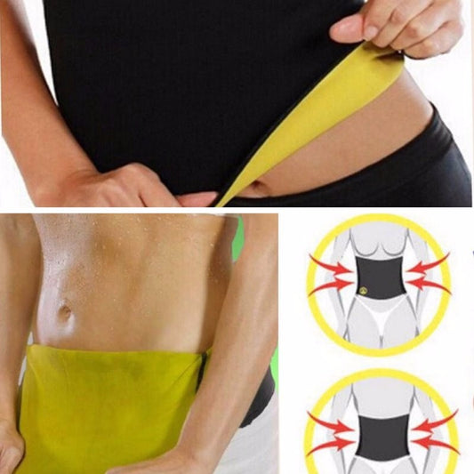 Black and yellow neoprene waist trainer shown on a person's midsection and as a flat garment.