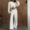 Conjunto Dos Piezas: Blusa Blanca Cropped con Cuello Solapa y Pantalón Ancho Calado con Amarre