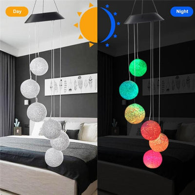 Lámpara Solar Cambia Colores con Carillón de Viento - Bola de Cristal Colibrí y Mariposa