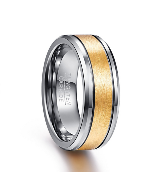 Anillo de Matrimonio Tungsteno Carburo 8mm Dorado con Centro Cepillado y Bordes Biselados