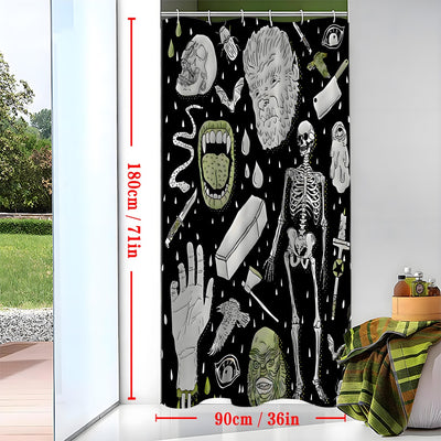 Black polyester shower curtain with a horror print featuring skeletons, skulls, monsters, and spooky elements. - Image 7