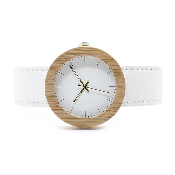 Reloj de Pulsera Elegante en Cuero y Bambú con Movimiento de Cuarzo