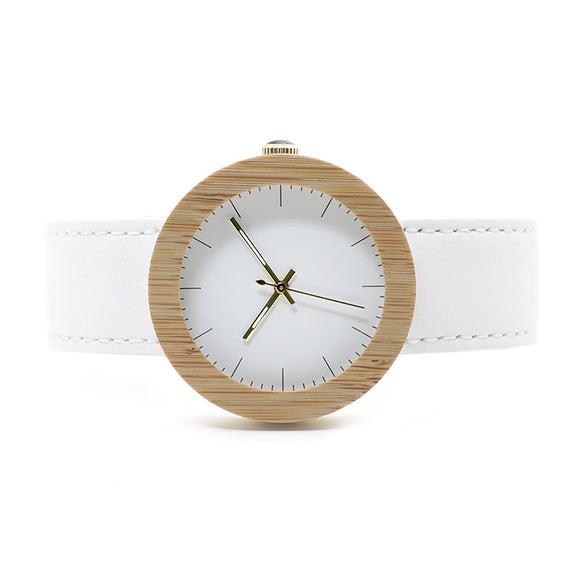 Reloj de Pulsera Elegante en Cuero y Bambú con Movimiento de Cuarzo