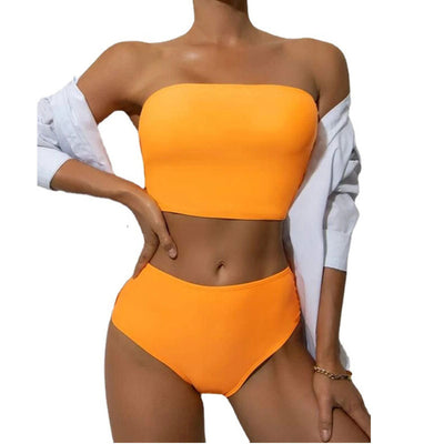 Vibrant orange strapless bandeau bikini top and high-waisted bottoms set, worn by a woman with a white shirt. - Image 4