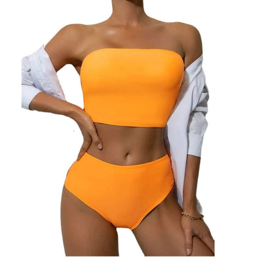 Vibrant orange strapless bandeau bikini top and high-waisted bottoms set, worn by a woman with a white shirt. - Image 4