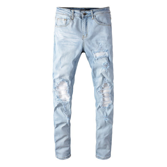 Pantalones Jeans Slim Fit Azul Claro Rotos con Parches para Hombre