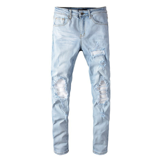 Pantalones Jeans Slim Fit Azul Claro Rotos con Parches para Hombre