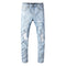 Pantalones Jeans Slim Fit Azul Claro Rotos con Parches para Hombre