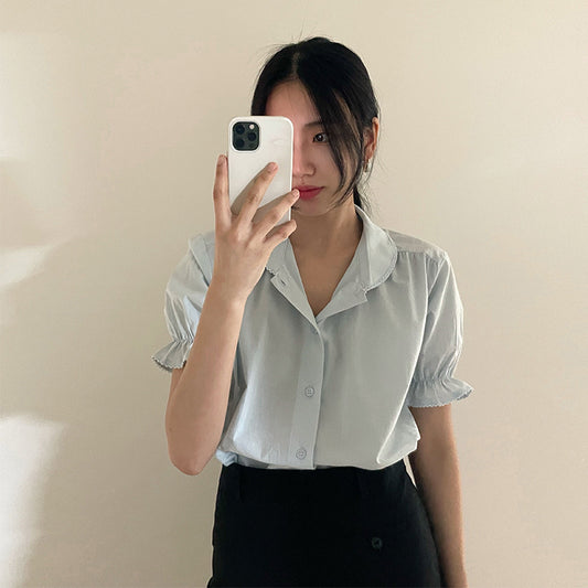 Blusa Retro con Cuello de Muñeca - Manga Corta Estilo Vintage
