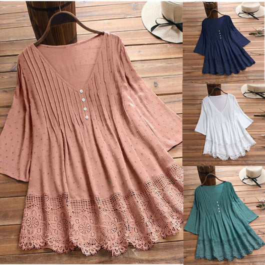 Blusa de Encaje Plisada con Recortes Jacquard
