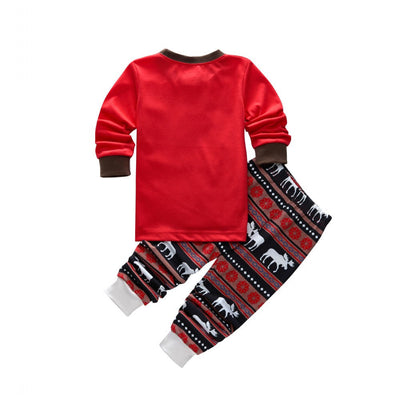 Red and black long-sleeve pajama set with a white moose graphic on the top and patterned moose pants. - Image 3