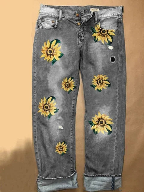 Pantalones Anchos Estampados Efecto Desgastado