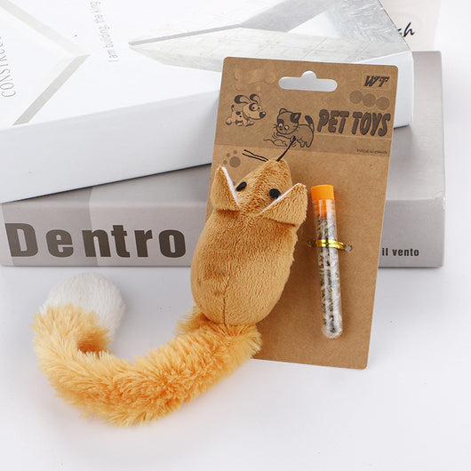 Light blue plush mouse cat toy with a long white and blue tail, packaged with a small tube of catnip. - Image 7