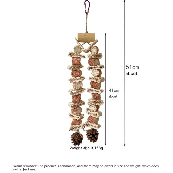 Colorful parrot bird toy with corn cobs, wood blocks, and pinecones, strung on rope with a metal hook, 50cm long. - Image 7
