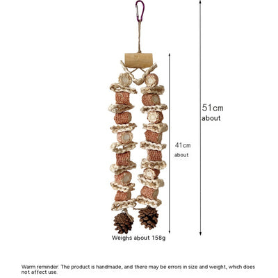 Colorful parrot bird toy with corn cobs, wood blocks, and pinecones, strung on rope with a metal hook, 50cm long. - Image 7