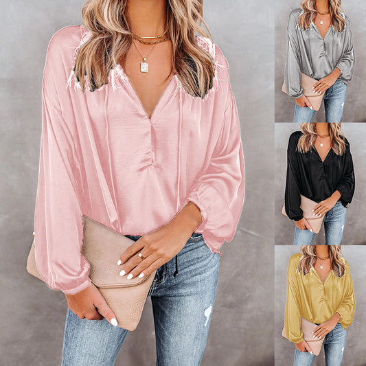 Blusa Casual Cuello V Manga Larga para Mujer - Diseño Versátil en Colores Sólidos