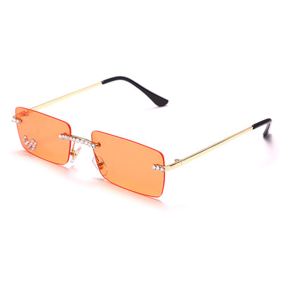 Frameless rectangular sunglasses with pink gradient lenses, gold-tone metal arms, and rhinestone embellishments. - Image 12