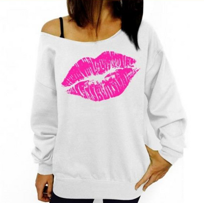 Suéter Otoñal Rojo con Hombros Caídos y Estampado de Labios - Image 5