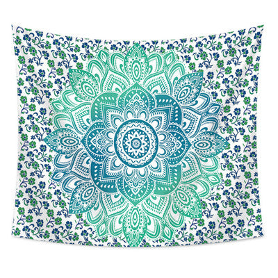 Navy blue tapestry with a large gold mandala pattern and smaller gold floral designs, made of polyester. - Image 5