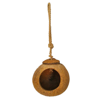 Natural coconut shell bird nest with a wooden ladder, featuring a hanging rope for small birds or hamsters. - Image 6