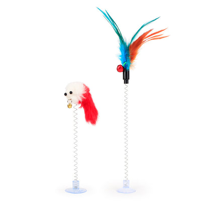 Colorful plush mouse cat toys with feathers, bells, and suction cup springs, designed for interactive play. - Image 4