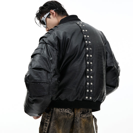 Chaqueta de Vuelo Acolchada en Cuero PU con Pecho Metálico - Image 3