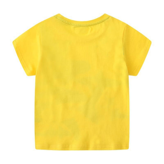 Dark blue short-sleeved children's t-shirt with multiple glowing jellyfish graphics and a yellow neck trim. - Image 4