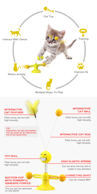 Yellow cat turntable windmill toy with a smiling face, spring, rotating arms, and a feather wand. Two kittens play with the toy. - Image 6