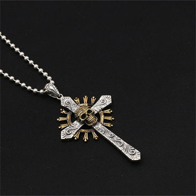 Dije Calavera Cruz de Plata Esterlina con Incrustaciones de Cobre Retro - Image 6