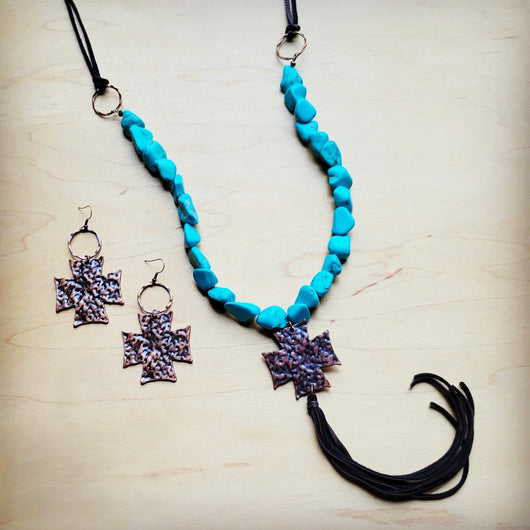 **Chunky Magnesite Beaded Cross Necklace w/ Leather Tassel 258j