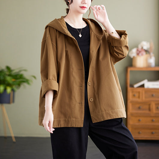 Abrigo Suelto con Capucha Mujer Retro Khaki Algodón Casual Costura Artística - Image 3